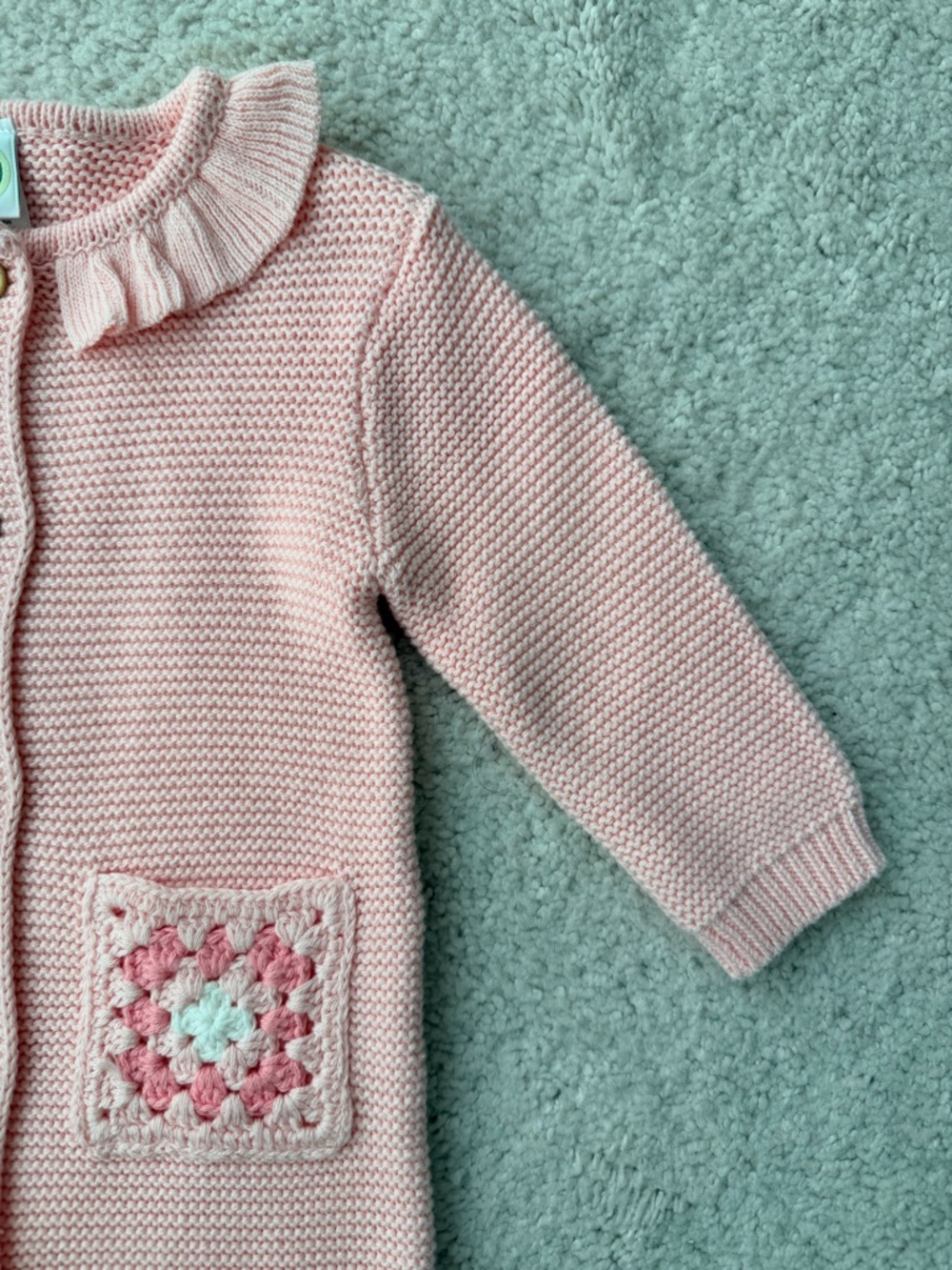 Little Me Pink Knit One-Piece with Crochet Pocket and ruffled neckline - Picture 3 of 9